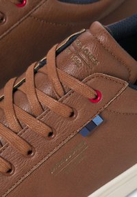 Brown leather sneaker with textured surface, round laces, red eyelets, and logo detailing. Features a cream-colored rubber sole.