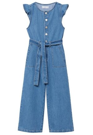 Combinaison en denim bleu sans manches avec jambes larges, boutons sur le devant, poches plaquées, épaules volantées et ceinture à nouer à la taille.