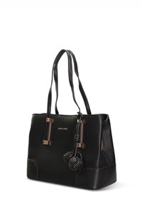 Borsa tote in pelle nera con superficie testurizzata, dettagli in metallo color oro, nodo decorativo e doppi manici. Presenta una forma strutturata.