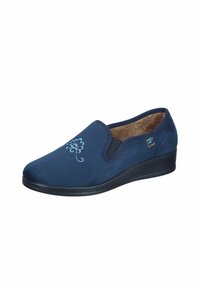 Navy blue slip-on slipper with light blue floral embroidery, black sole, and soft beige lining, designed for comfort and easy wear.