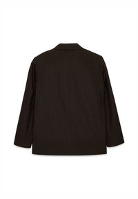 Tmavohnedý s prúžkami blejzer, jednobodový, dlhé rukávy, s výstrihom s notches, hladká textúra, viditeľné švy na pleciach.