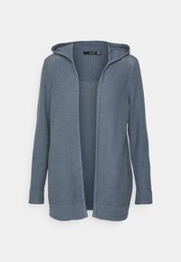 Mjukt blått stickat kofta med långa ärmar, öppen framsida och fast huva, visad på vit bakgrund.