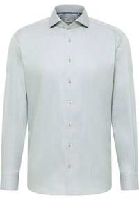 Lichtgroen gestreepte blouse met lange mouwen, knopenluiting aan de voorkant, klassieke kraag en subtiele diamantvormige textuur overal.