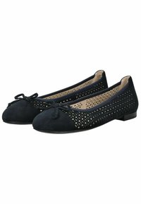 Ballerine blu navy in suède, con un design perforato sui lati, punta arrotondata e un fiocco decorativo annodato nella parte anteriore.