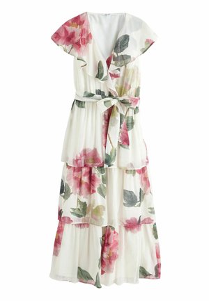 Valge kihiline maksikleidi roosa lillemustriga, lühikeste lehvivate varrukatega, üleni v-kaelusega ning vööga, mis on vöökohal seotud.