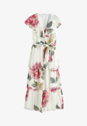 Weißes gestuftes Maxikleid mit rosa Blumenmuster, kurzen Flatterärmeln, Wickel-V-Ausschnitt und Stoffgürtel, der in der Taille gebunden ist.