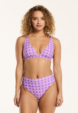 Purple bikini set featuring a floral pattern, triangular bikini top with wide straps, and high-waisted bottom for added coverage.