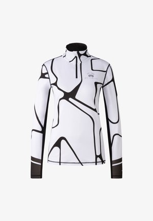 Haut à manches longues blanc avec un motif abstrait noir, col montant et fermeture éclair quart. Fabriqué en tissu lisse et extensible pour le confort et la flexibilité.