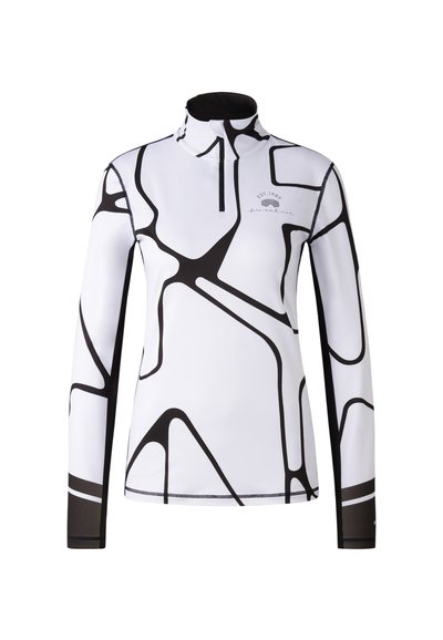 Haut à manches longues blanc avec un motif abstrait noir, col montant et fermeture éclair quart. Fabriqué en tissu lisse et extensible pour le confort et la flexibilité.