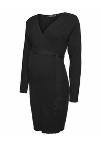Robe portefeuille noire en maille côtelée à manches longues, col en V et ceinture à la taille, longueur genou et silhouette ajustée.