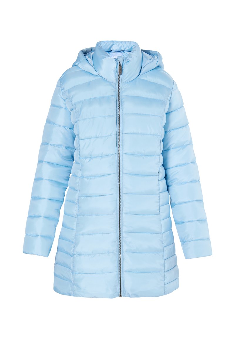 Giubbotto imbottito azzurro chiaro con cappuccio, caratterizzato da una chiusura lampo frontale, un design a righe verticali e una texture di tessuto liscia e lucida.