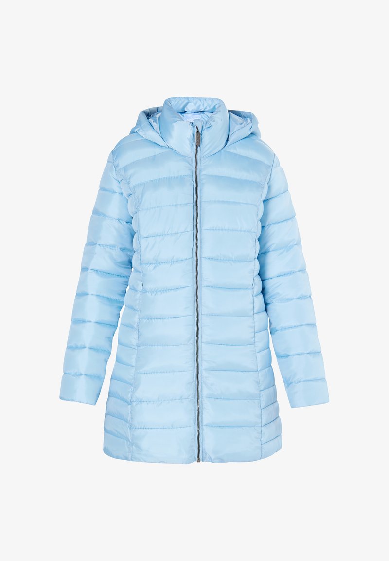 Šviesiai mėlynas pūkinis švarkas su gobtuvu, turintis priekinius užtrauktukus, vertikalią siuvinėjimo struktūrą ir lygią, blizgią audinio tekstūrą.