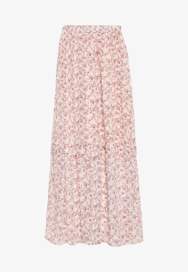 Longue jupe rose clair avec petit imprimé floral rouge, taille froncée et détail volanté à étages près de l'ourlet.