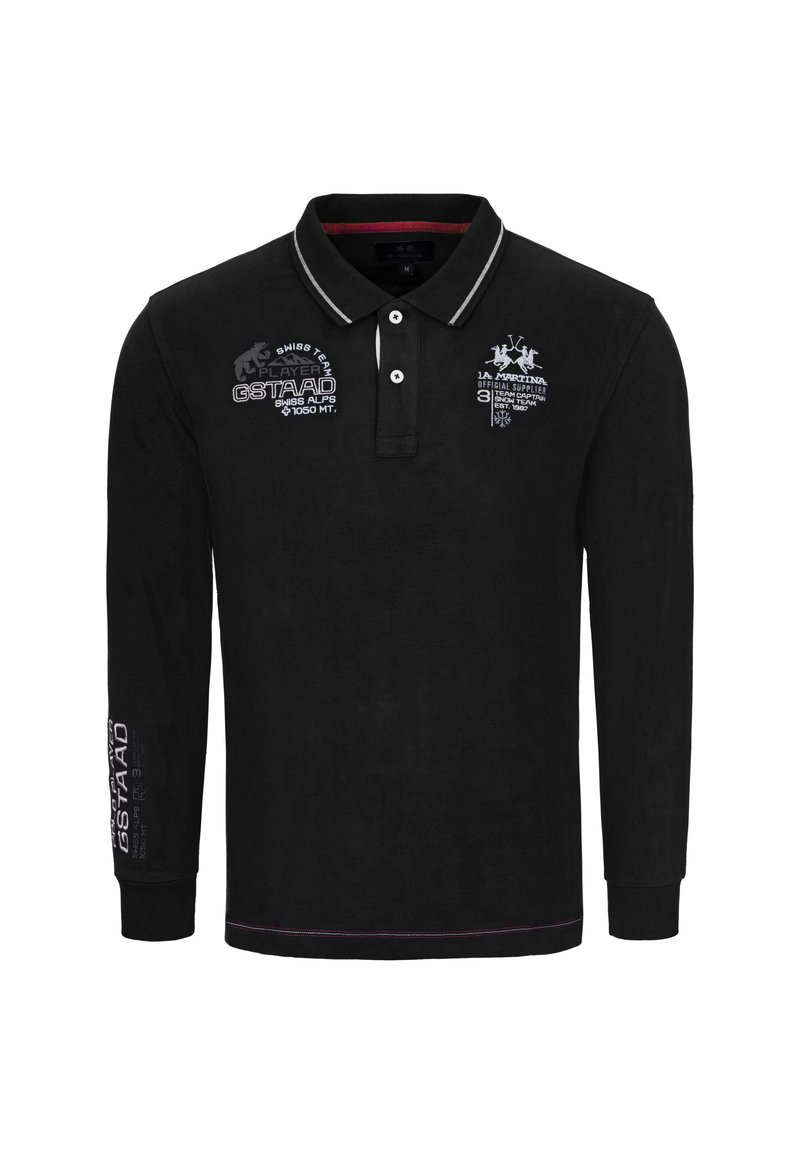 Svart långärmad pikétröja med krage, med vita broderade logotyper och detaljer, kontrasterande grå ränder på kragen och ärmsluten.