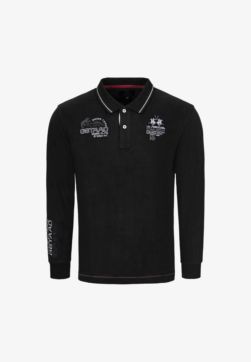 Black long-sleeve polo shirt with a collar, featuring white embroidered logos and accents, contrasting gray stripes on the collar and cuffs.
