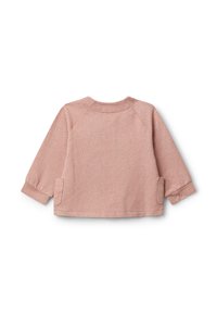 Weicher, rosa Baby-Pullover mit langen Ärmeln, kleinen weißen Punkten, Rundhalsausschnitt und dekorativen Seitenlaschen, von hinten gezeigt.