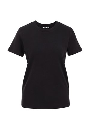 Tricou din bumbac negru cu guler rotund, mâneci scurte și o croială lejeră. Textură netedă, fără modele sau accente vizibile.