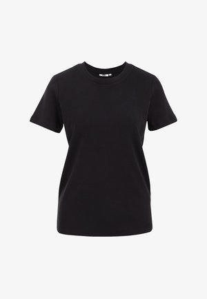 Must musta T-särk lühikeste varrukatega, ümar kaelus ja lõdvem lõige. Sile tekstuur, ilma nähtavate musterite või aktsentideta.