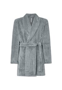 Bata de baño de toalla terry gris con diseño envolvente, cuello de chal, cinturón ajustable y dos bolsillos frontales. Presenta una textura de rayas verticales.