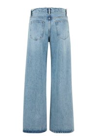 Heledad sinised laiad teksad, millel on kõrge vöökoht, narmendavad servad ja kaks tagumist taskut klassikalise denimi tekstuuriga.