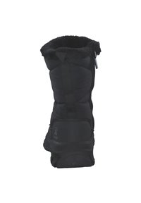 Botín de invierno negro con parte superior acolchada, forro de pelaje sintético en la parte superior y suela de goma texturizada; cuenta con una cremallera lateral y parte trasera reforzada.