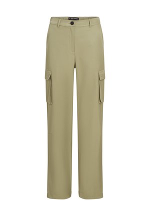 Khaki cargobroek van zacht materiaal. Heeft twee zijzakken en een knoopsluiting. Recht model met een nette afwerking.