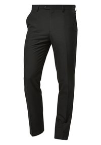 Pantaloni negri tailor-made, cu o croială slim, față plată, bucle pentru curea și închidere cu un singur nasture. Material neted cu un finisaj clar.