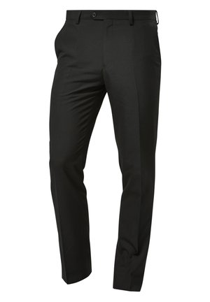 Črne krojene hlače s slim fit krojem, ravnim sprednjim delom, zankami za pas in z enojnim gumbom za zapiranje. Gladka tkanina z jasnim zaključkom.