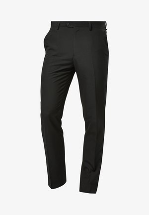 Melnas piegriezuma bikses ar šauru fitu, plakanu priekšpusi, jostas cilpām un vienu pogu aizdari. Gluda auduma virsma ar asu apdari.