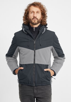 Hooded jacket with dark gray and light gray color block design, featuring a front zipper, two side pockets, and elastic cuffs.