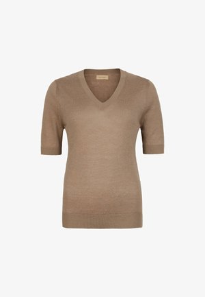 V-hals kortærmet sweater i lys brun. Blødt strikstof med ribbede manchetter og kant. Enkelt, klassisk design.