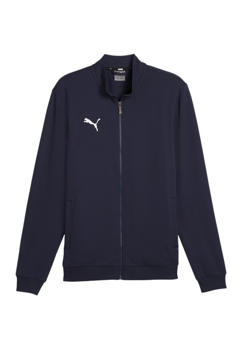 Marineblå sweatshirt med lynlås, lavet af glat stof, med høj krave, sidelommer, ribbede manchetter og et hvidt Puma-logo på brystet.