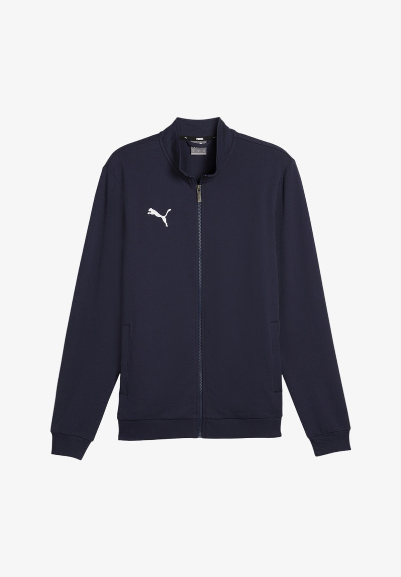 Chaqueta a media cremallera en color marino, fabricada con un tejido suave, que cuenta con un alto cuello, bolsillos laterales, puños acanalados y un logo de Puma en blanco en el pecho.