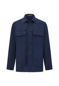 Marineblauwe jas van denimstof, met een knoopsluiting, twee borstzakken en een klassiek kraagontwerp. Geschikt voor casual kleding.