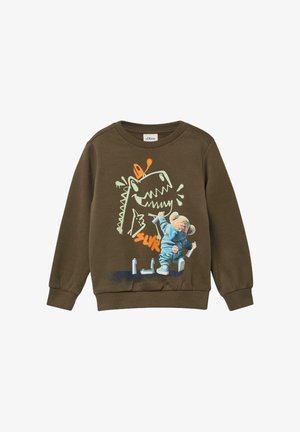 Olivenfarbener Pullover mit geripptem Ausschnitt, der eine Dinosauriergrafik und eine Bärenfigur zeigt, die auf der Vorderseite sprüht.