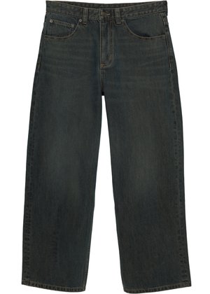 Dark grey wide-leg denim jeans with front button and zipper closure, two front pockets, and belt loops.