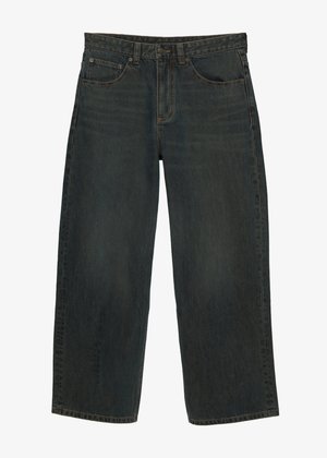 Mørkegrå bredbenede denimjeans med frontknap og lynlås, to forlommer og bæltestropper.