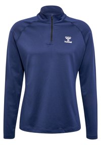 Dunkelblauer, langärmeliger Sportpullover mit einem Halbreissverschluss, aus glattem Stoff gefertigt. Verfügt über ein kleines weißes Logo im Brustbereich.