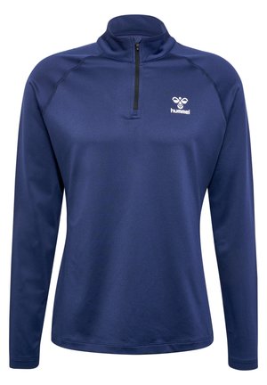 Mørkeblå, langærmet atletisk pullover med halv lynlås, lavet af glat stof. Har et lille hvidt logo på brystområdet.