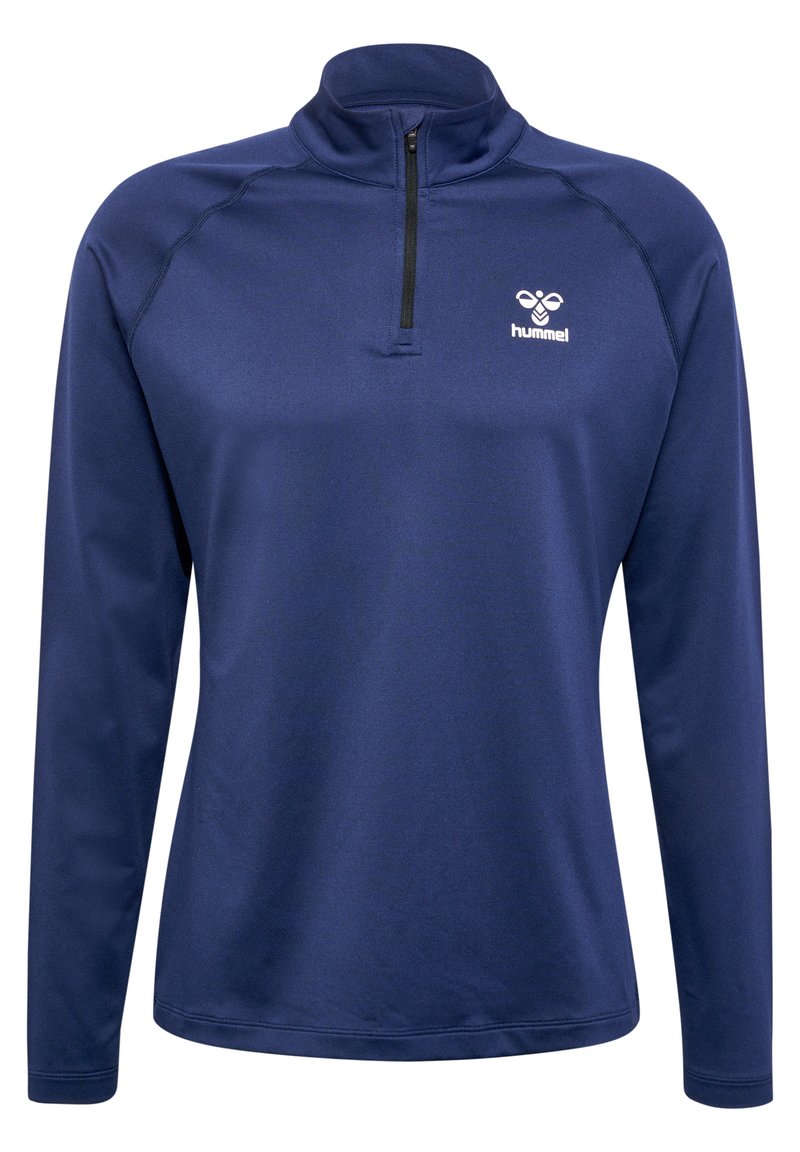 Dunkelblauer, langärmeliger Sportpullover mit einem Halbreissverschluss, aus glattem Stoff gefertigt. Verfügt über ein kleines weißes Logo im Brustbereich.
