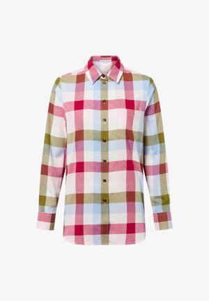 Kariertes Hemd mit Knopfverschluss in Rot, Grün und Blau, mit braunen Akzenten, langen Ärmeln und Kragen. Aus leichtem Stoff gefertigt.