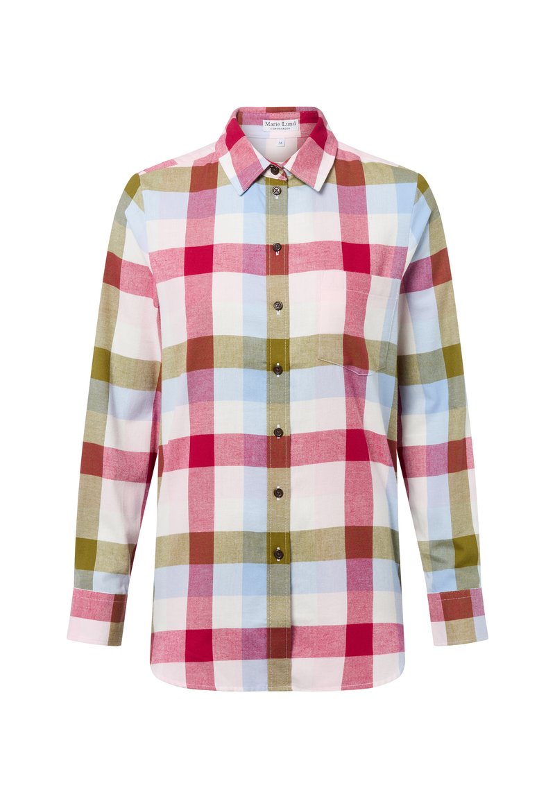 Koszula z guzikami w kratę, w czerwone, zielone i niebieskie kwadraty, z brązowymi akcentami, z długim rękawem i kołnierzykiem. Wykonana z lekkiego materiału.