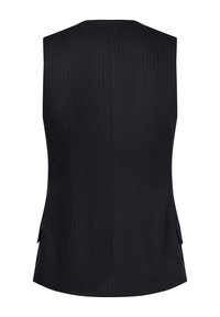 Ärmellose schwarze Weste aus glattem Stoff, mit einem Nadelstreifenmuster, geradem Rückendesign und zwei Seitentaschen.