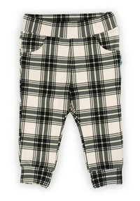 Czarno-białe spodnie dresowe w kratę z elastycznym pasem, dwoma bocznymi kieszeniami i dopasowanymi ściągaczami, wykonane z miękkiego, elastycznego materiału.