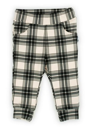 Czarno-białe spodnie dresowe w kratę z elastycznym pasem, dwoma bocznymi kieszeniami i dopasowanymi ściągaczami, wykonane z miękkiego, elastycznego materiału.