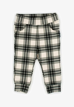 Czarno-białe spodnie dresowe w kratę z elastycznym pasem, dwoma bocznymi kieszeniami i dopasowanymi ściągaczami, wykonane z miękkiego, elastycznego materiału.