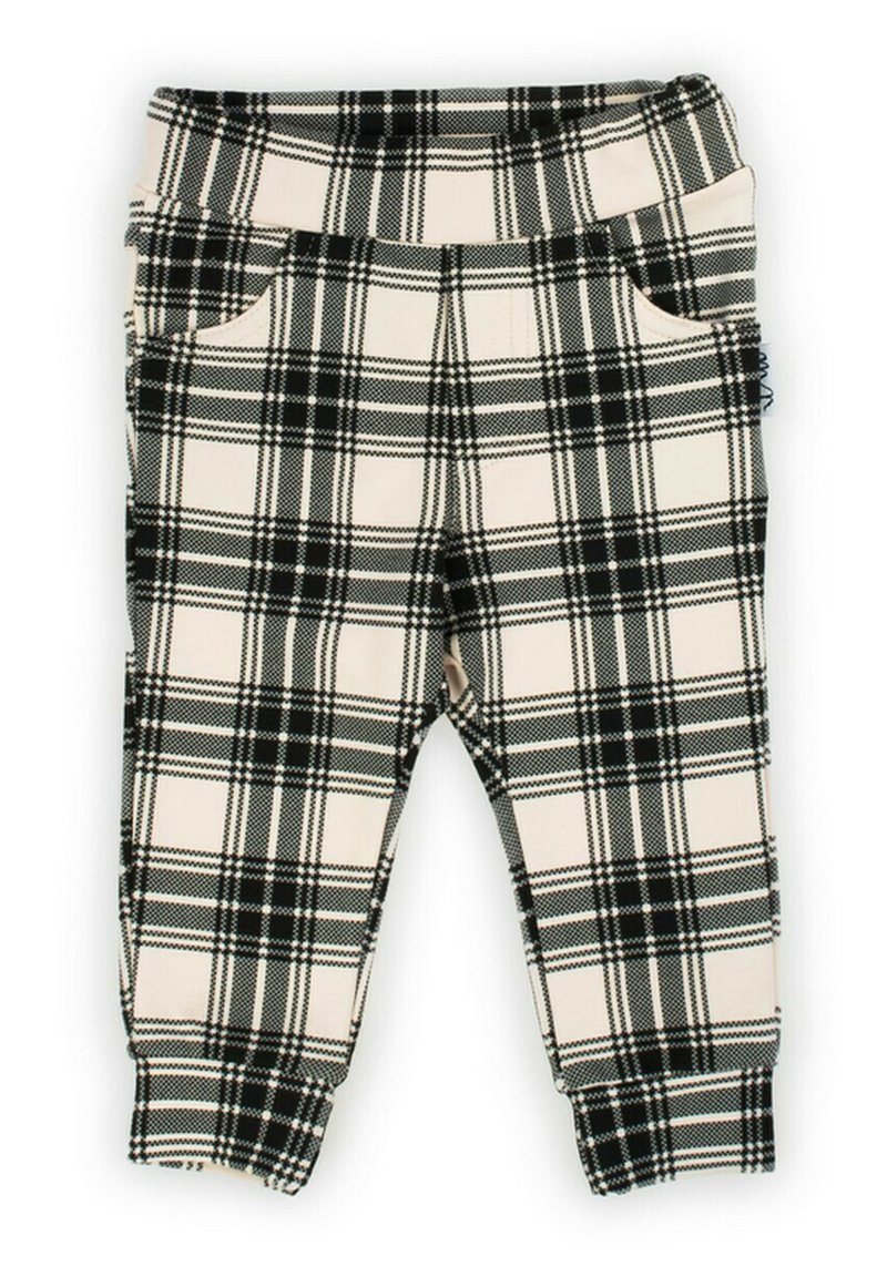 Czarno-białe spodnie dresowe w kratę z elastycznym pasem, dwoma bocznymi kieszeniami i dopasowanymi ściągaczami, wykonane z miękkiego, elastycznego materiału.