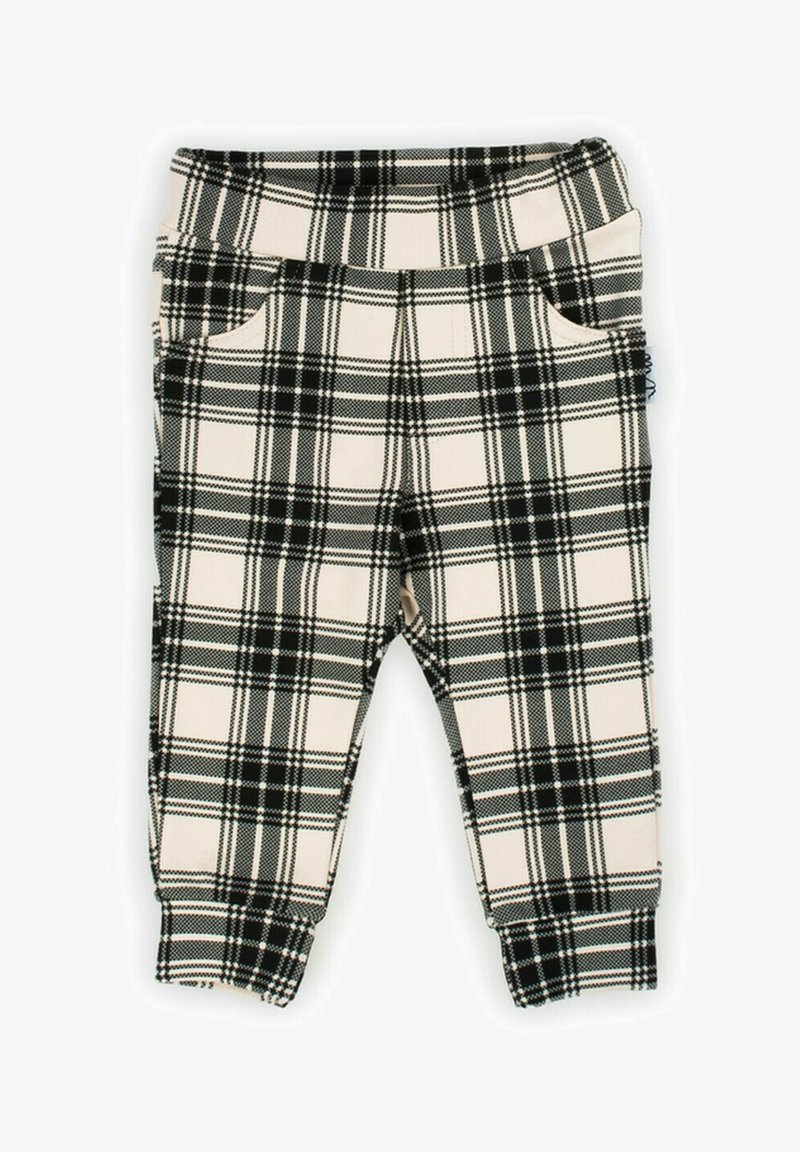Czarno-białe spodnie dresowe w kratę z elastycznym pasem, dwoma bocznymi kieszeniami i dopasowanymi ściągaczami, wykonane z miękkiego, elastycznego materiału.