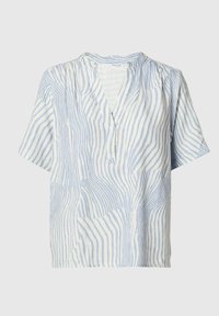 Camicia a maniche corte in tessuto leggero con un motivo a righe blu e bianche, colletto a punta e chiusura con bottoni, dal taglio morbido.
