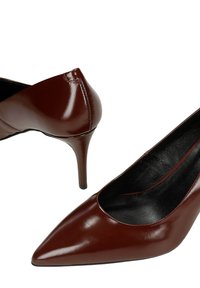 Bruine leren pumps met puntige neus en naaldhakken, zwarte gevoerde binnenzolen, getoond vanuit zij- en bovenaanzichten op witte achtergrond.